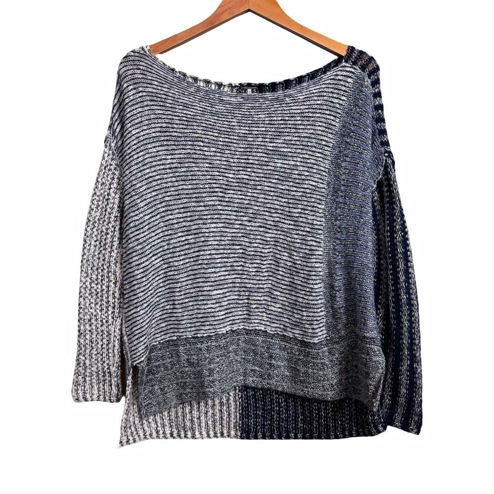 Women’s Free People Gray Blue White Striped Ribbed Knit Scoop Neck Sweater